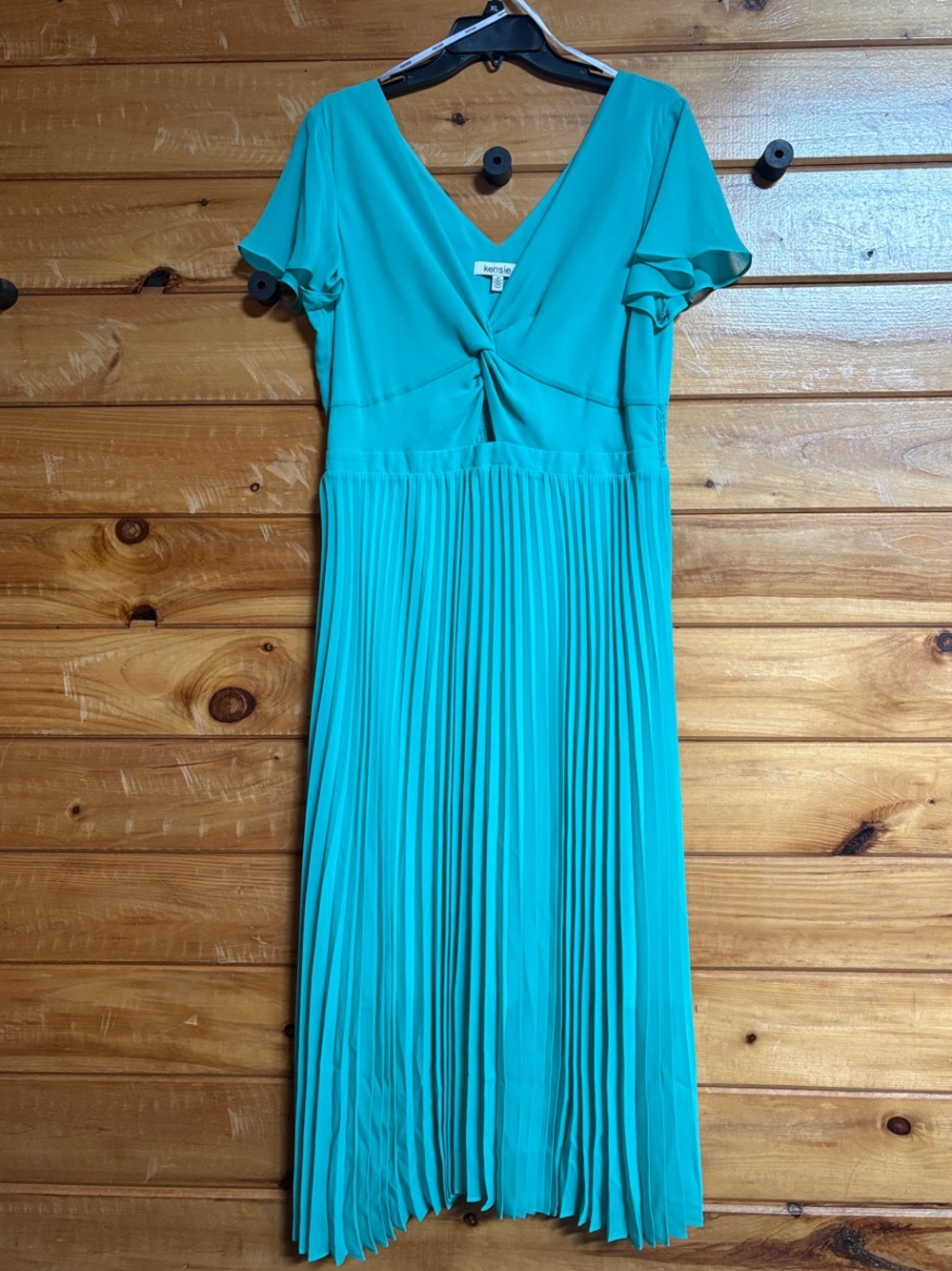 NWT* Kensie Teal Pleated V‑Neck Midi Dress with Twist Detail